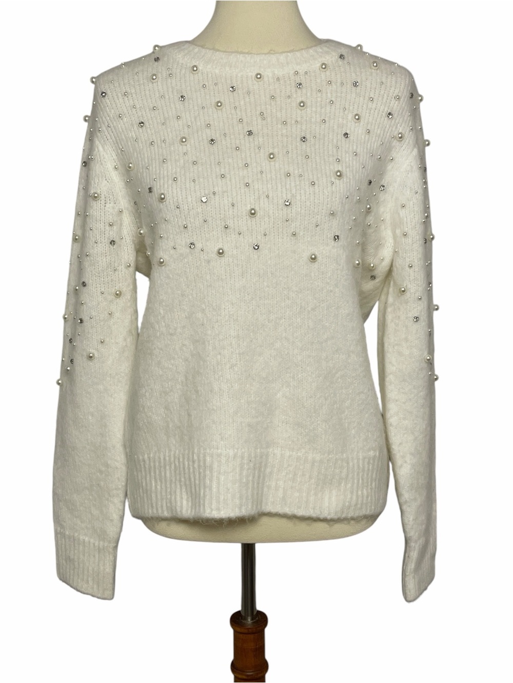 Philosophy Ivory Pearl & Rhinestone Embellished Knit Sweater Size L - Picture 2 of 7